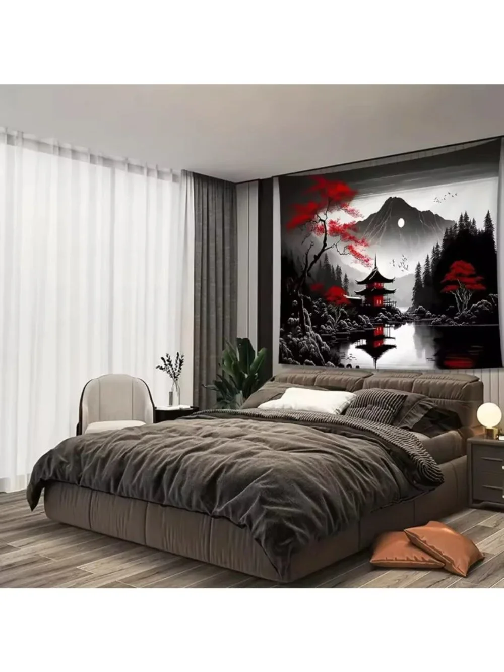 51×60 Inch Oriental Ink Japanese Red Maple Pagoda Mountain Lake Wall Tapestry